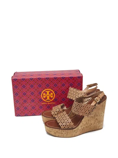 Pre-owned Tory Burch Perforated Leather Wedge Sandals In Neutral