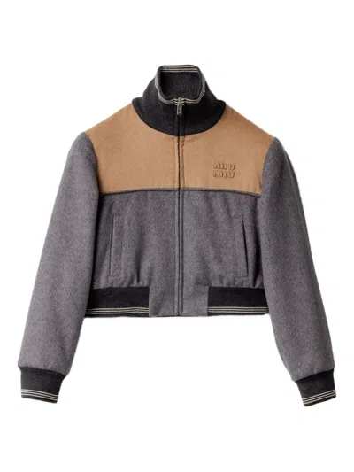 Miu Miu Embroidered Logo Wool Jacket In Brown