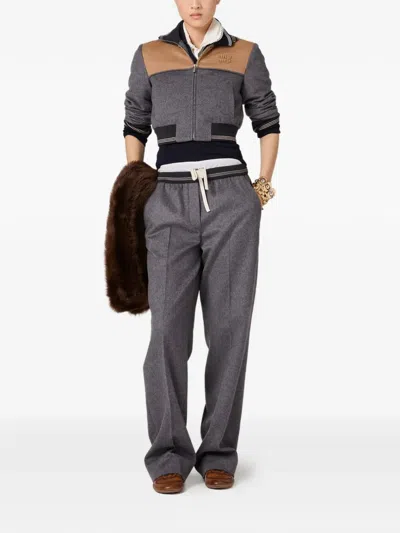 Miu Miu Embroidered Logo Wool Jacket In Brown