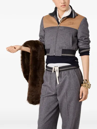 Miu Miu Embroidered Logo Wool Jacket In Brown