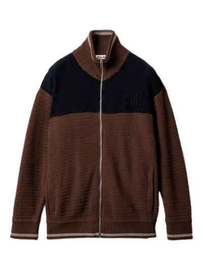 Miu Miu Logo-detail Zipped Cardigan In Brown