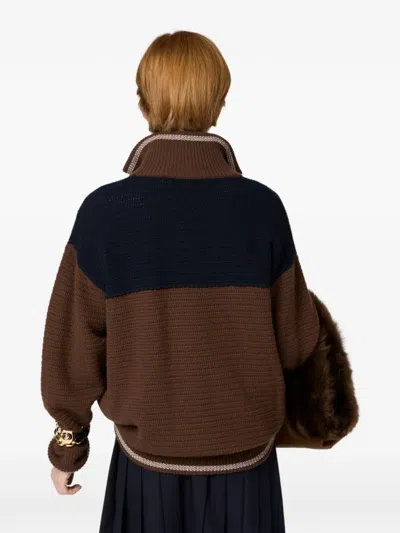 Miu Miu Logo-detail Zipped Cardigan In Brown