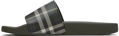 Burberry Men Dark Green Sandals With Check Motif On The Front In Rubber Man In Black
