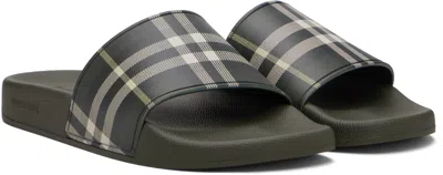 Burberry Men Dark Green Sandals With Check Motif On The Front In Rubber Man In Black