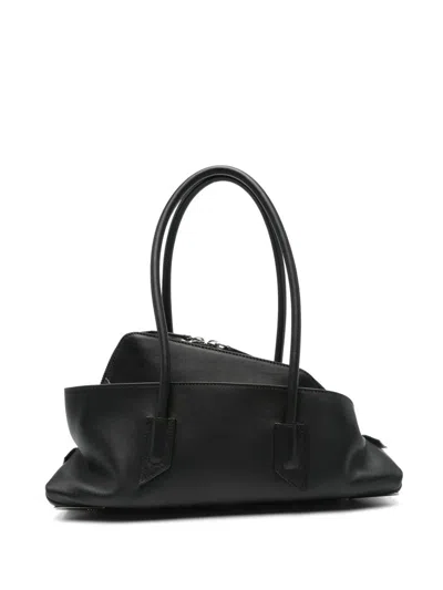 Attico La Passeggiata Small Black Shoulder Bag With Tubular Handles And Impressed Logo On The Front In Leat