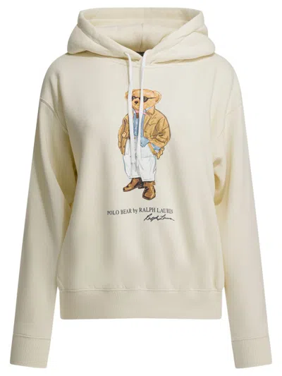 Polo Ralph Lauren Bear Hoodie Top Graphic Print Ribbed Cuffs In White