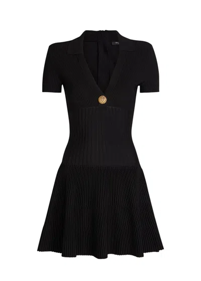 Balmain Button-embellished Ribbed Knit Mini Dress In Black