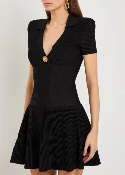 Balmain Button-embellished Ribbed Knit Mini Dress In Black