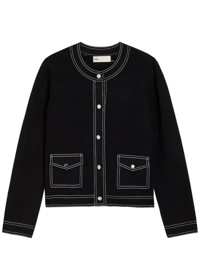Tory Burch Topstitch Pocket Cardigan In Black