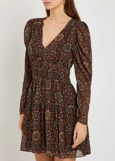 Paige Aries Printed Long-sleeve Silk Mini Dress In Brown