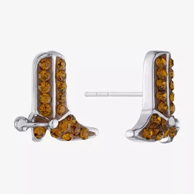 Silver Treasures Cowboy Boot Brown Crystal Sterling Silver 9.9mm Stud Earrings In Brown