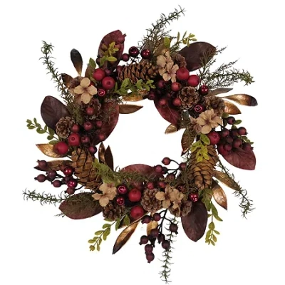 Kurt Adler Berries And Pinecone Burgundy Wreath In Multi