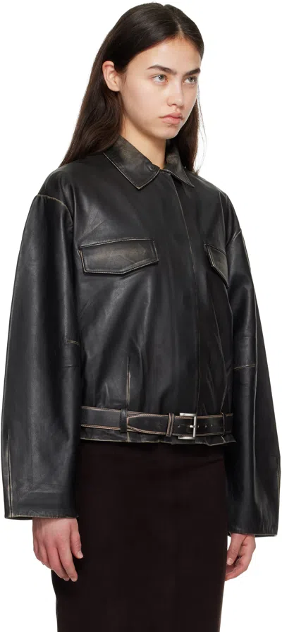 St Agni Belted Brushed-leather Jacket In Black