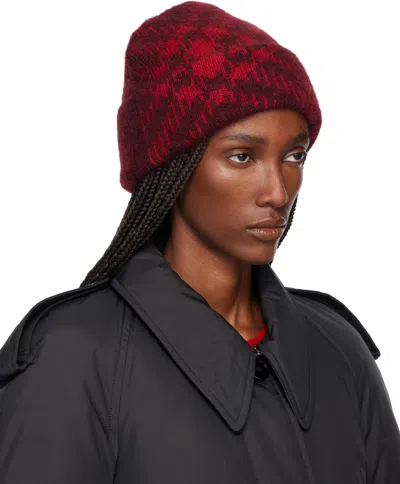 Burberry Burgundy Check Mohair Wool-blend Beanie In Brown