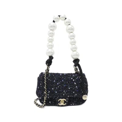 Pre-owned Chanel Black Blue White Tweed Shoulder Bag () In Multi