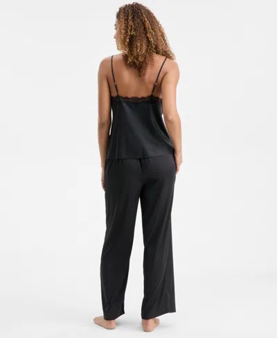 Inc International Concepts Women's Stretch Satin Lace-trim Top & Pajama Pants Set, Created For Macy's In Black