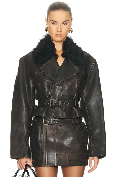 Alex Perry Cropped Leather Biker Jacket In Brown
