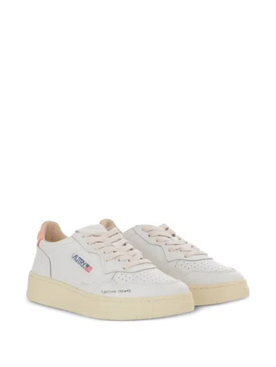Autry Medalist Low Sneakers In White And Peach Leather With Handwriting Details Shoes In White
