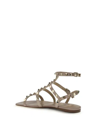 Valentino Beige Calf Leather Bos Taurus Flat Sandals In Gray