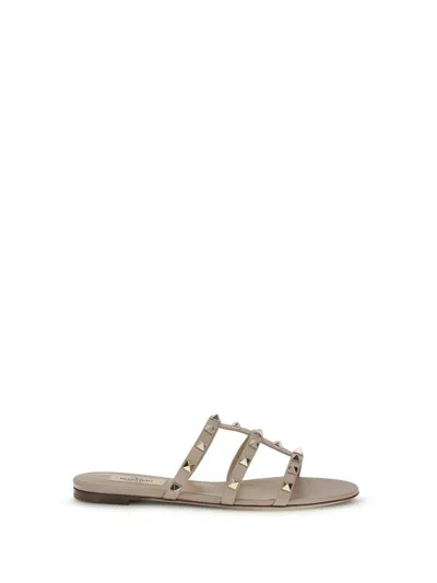 Valentino Beige Calf Leather Bos Taurus Flat Sandals In Gray