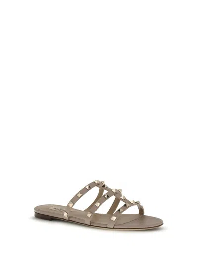 Valentino Beige Calf Leather Bos Taurus Flat Sandals In Gray