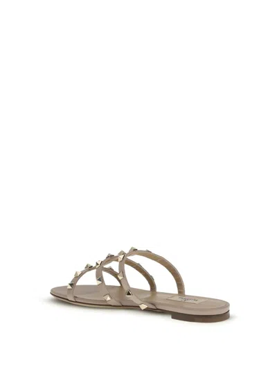 Valentino Beige Calf Leather Bos Taurus Flat Sandals In Gray