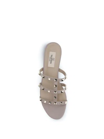 Valentino Beige Calf Leather Bos Taurus Flat Sandals In Gray
