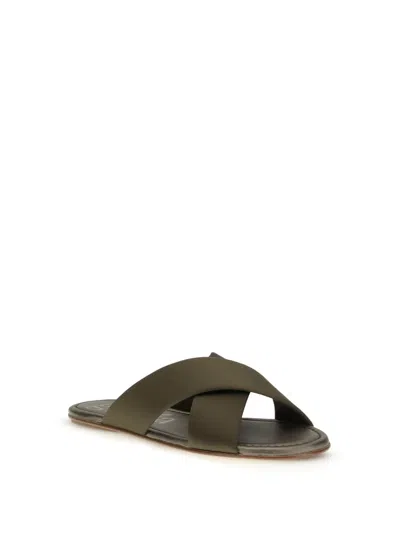 Pedro Garcia Brown Silk Flat Sandals In Green