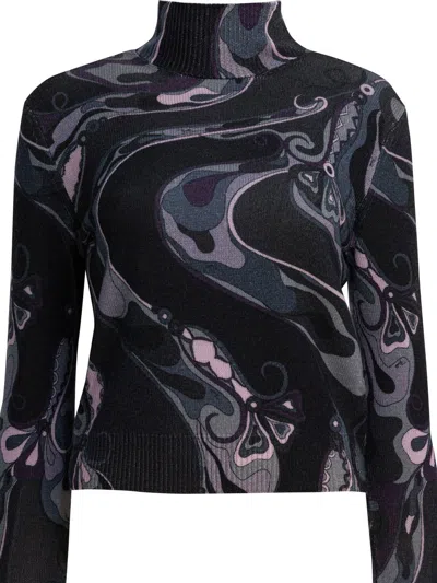Pucci Wool Turtleneck Sweater With Print Knitwear Black In Multi