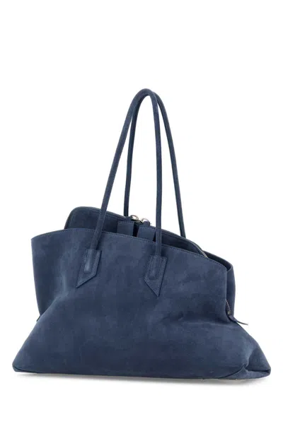Attico La Passeggiata Medium Blue Shoulder Bag With Two Top Handles And Top Zip Closure In Suede Woman In Blue