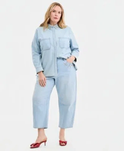 On 34th Trendy Plus Size Embellished Collar Denim Shirt Embellished Cropped Barrel Leg Jeans Macys Exclusive In Blue