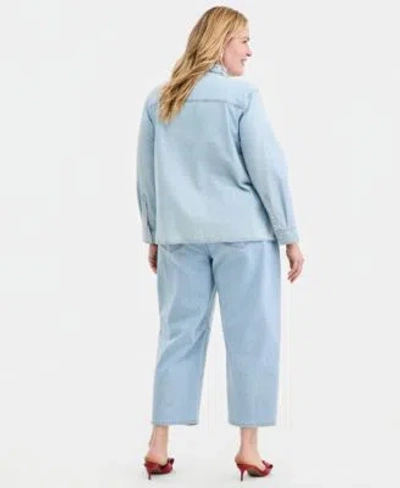 On 34th Trendy Plus Size Embellished Collar Denim Shirt Embellished Cropped Barrel Leg Jeans Macys Exclusive In Blue