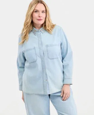 On 34th Trendy Plus Size Embellished Collar Denim Shirt Embellished Cropped Barrel Leg Jeans Macys Exclusive In Blue