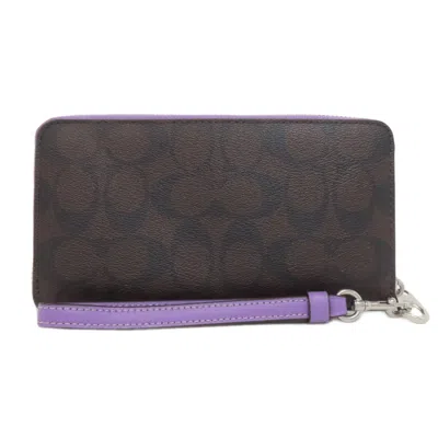 Pre-owned Coach Signature Brown Purple Signature Line Long Wallet (bi-fold) () In Multi
