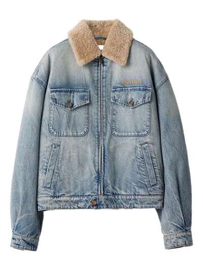Miu Miu Shearling Collar Denim Jacket In Blue