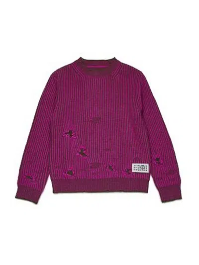 Mm6 Maison Margiela Pullover In Lana A Coste Con Rotture In Purple