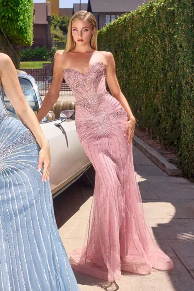 Ladivine Kv1139 Glitter Beaded Long Formal Sequin Prom Dress In Pink