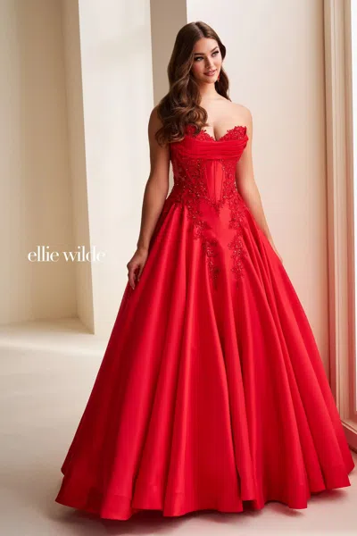 Ellie Wilde 37082 Beaded Long Formal Ball Gown Prom Dress In Red