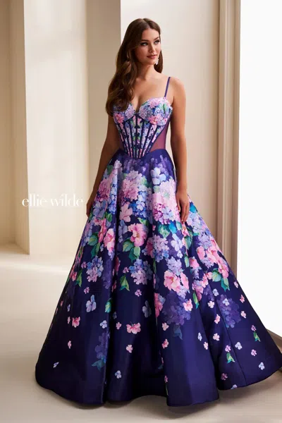 Ellie Wilde 37004 Corset Ball Gown Floral Print Long Formal Prom Dress In Pink