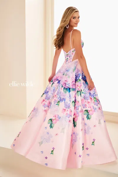 Ellie Wilde 37004 Corset Ball Gown Floral Print Long Formal Prom Dress In Pink