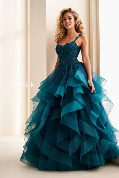 Ellie Wilde 37128 Sequin Glitter Long Formal Ruffle Ball Gown Prom Dress In Blue