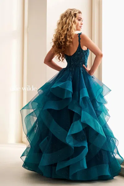Ellie Wilde 37128 Sequin Glitter Long Formal Ruffle Ball Gown Prom Dress In Blue
