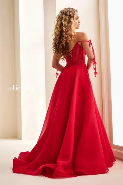 Ellie Wilde 37111 Long Formal Beaded Ball Gown Prom Dress In Red