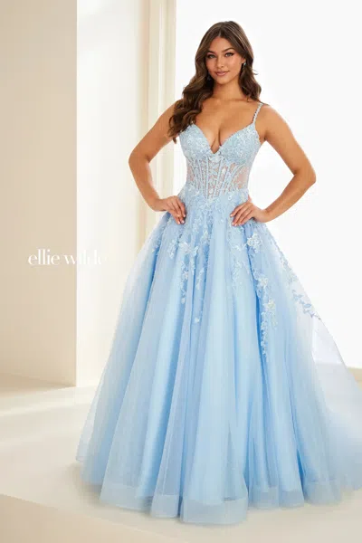 Ellie Wilde 37218 Long Formal 3d Floral Ball Gown Glitter Prom Dress In Blue
