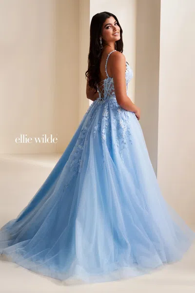 Ellie Wilde 37218 Long Formal 3d Floral Ball Gown Glitter Prom Dress In Blue