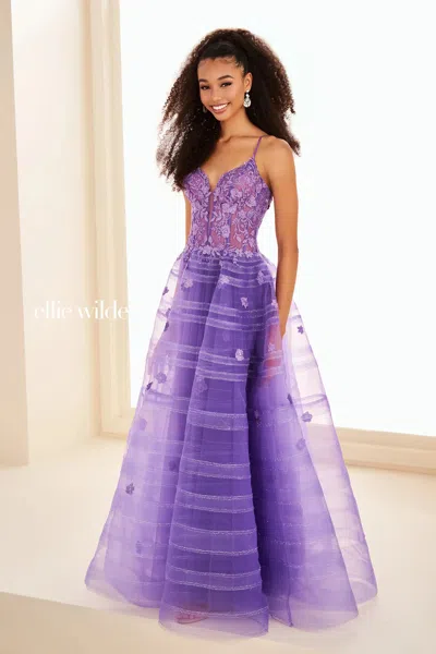 Ellie Wilde 37097 Floral Lace Long Formal Ball Gown Prom Dress In Brown