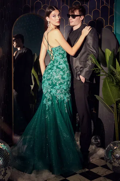 Ladivine Cb112 Long Formal Print Mermaid Prom Dress In Green