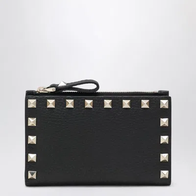 Valentino Rockstud Leather Zip Around Card Holder In Black