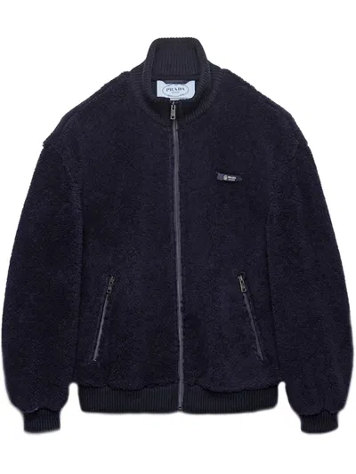 Prada Short Coat High Collar Front Pockets Ribbed Cuffs In Blue