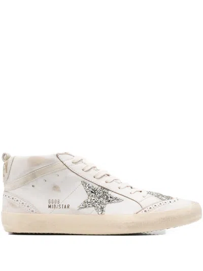 Golden Goose Mid Star Glitter-star Round-toe Sneakers In White